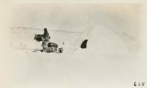 Image of Camp Allen as we left (MacMillan party) Snow house. E-took-a-shoo (Ittukusuk) with robe
